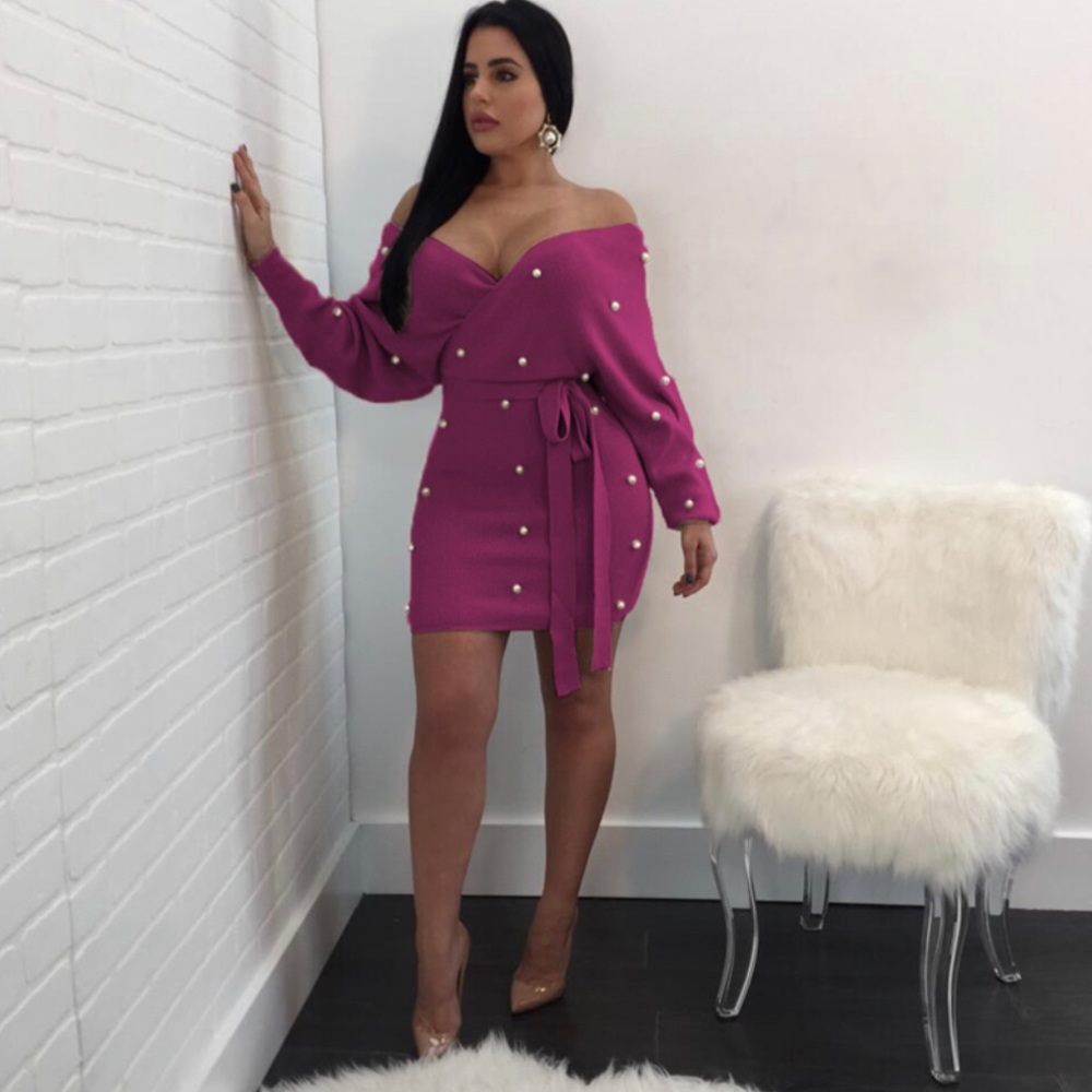 FUCHSIA OFF THE SHOULDER PEARL DRESS